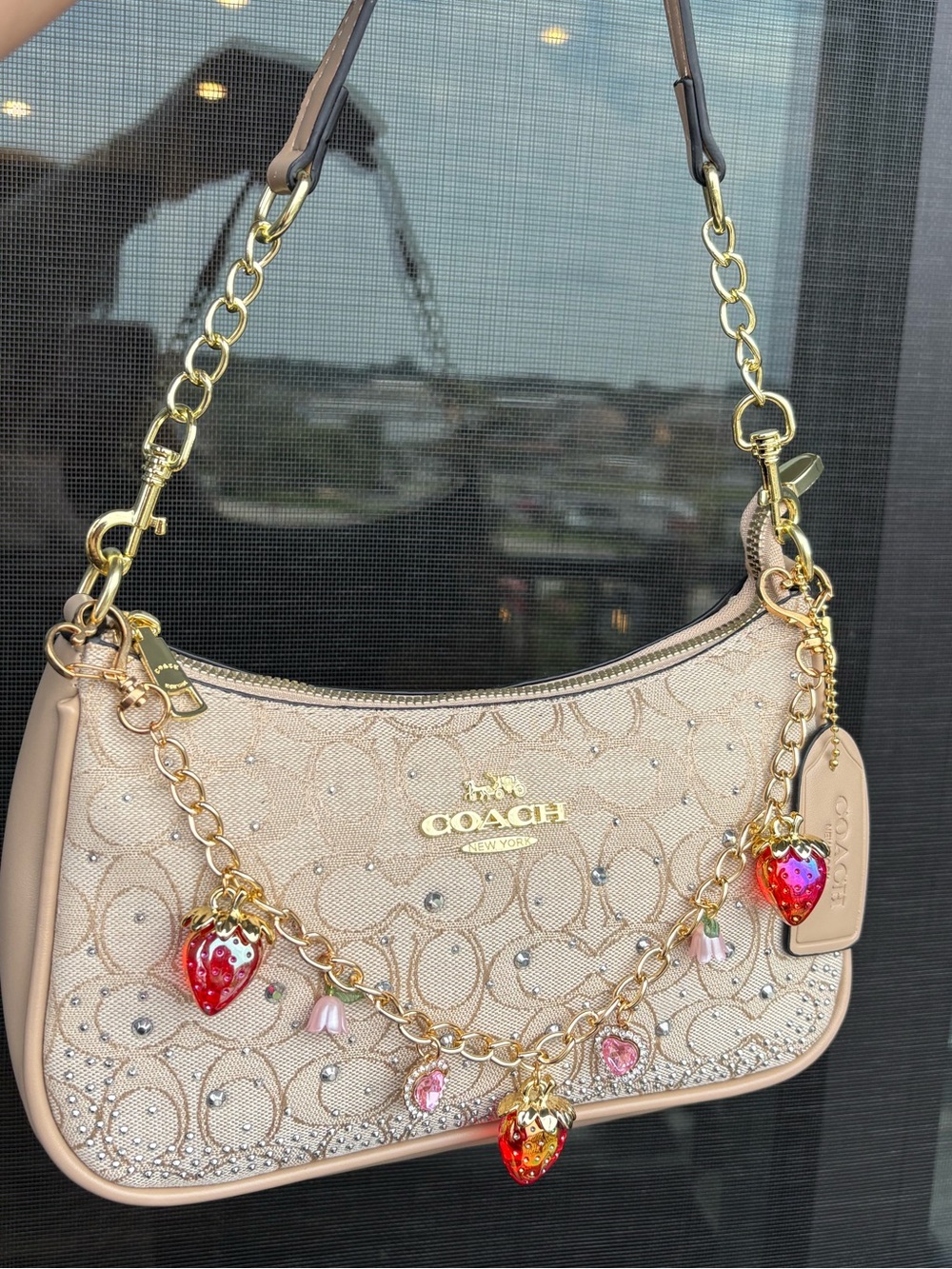 Coach Beige Signature Shoulder Bag with Strawberry Charm Chain - Picture 2 of 2